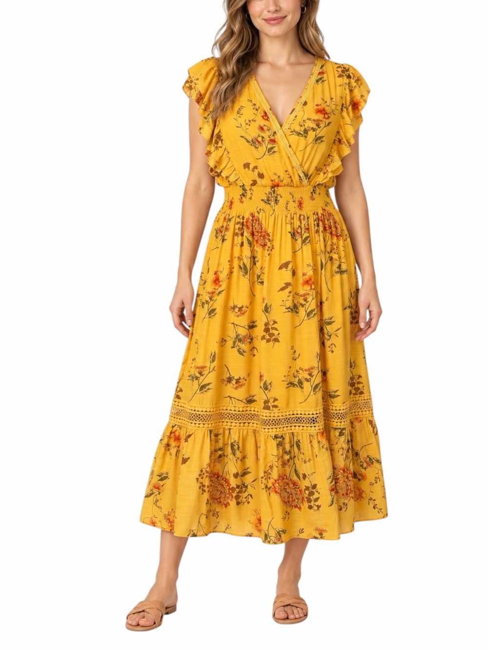 J GEE Floral Maxi Dress Size 3X Mustard Ruffle Sleeve Smocked Waist Boho NWT